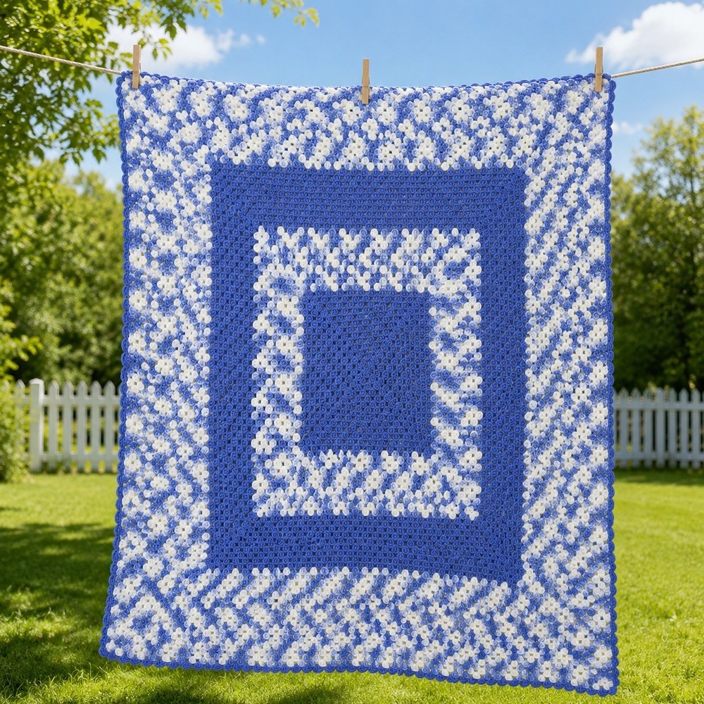 Handmade Crochet Throw Blanket 60x 60 Blue White Granny Square Vintage-style